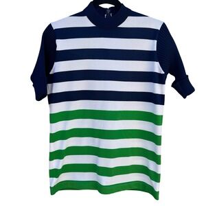 Vintage 70s‎ Mod Go Go Nautical Preppy Mock Neck Striped Knit Top Navy Womens M